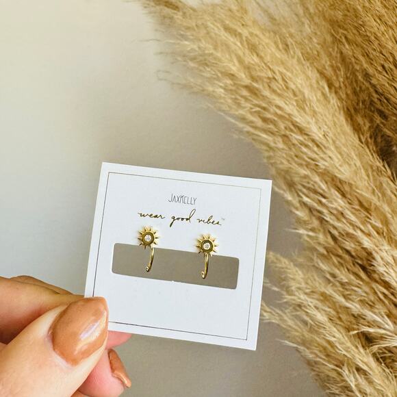 NEW ANTHROPOLOGIE JaxKelly Sunburst Icon 18kt Tiny White CZ Stone Hoop Earring - Picture 2 of 9